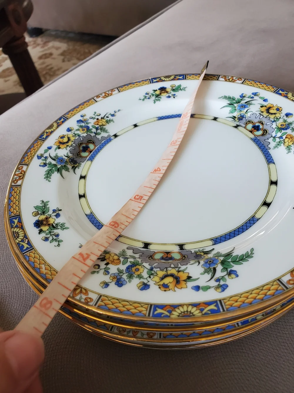 Porcelain Salad  Plate with Yellow & Blue Floral Motif and Gold Rim